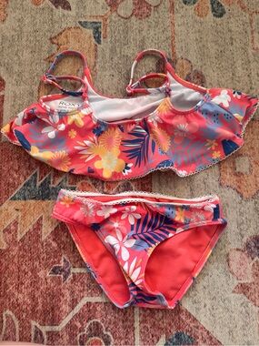 Roxy Girls' Coral Pink Tropical Floral Ruffle Bikini